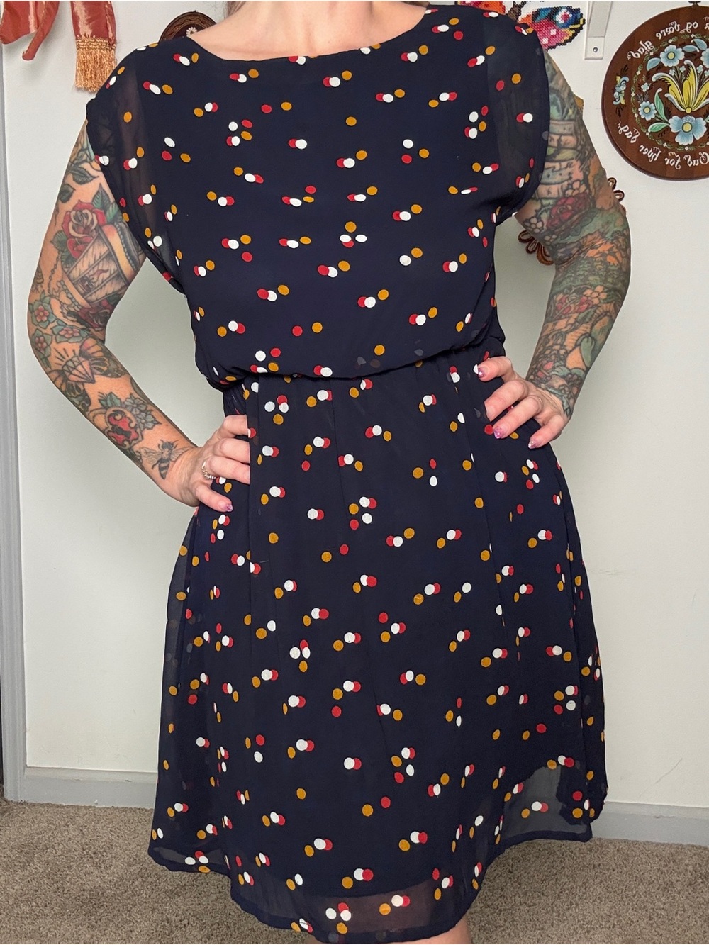 Fun & Flirt Navy Midi Dress with Red, White & Mustard Dot Print